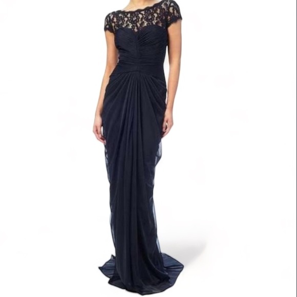 Adrianna Papell Ladies Formal Navy Ruche Small Cap Sleeve With Lace Size 4 EUC - Picture 2 of 16